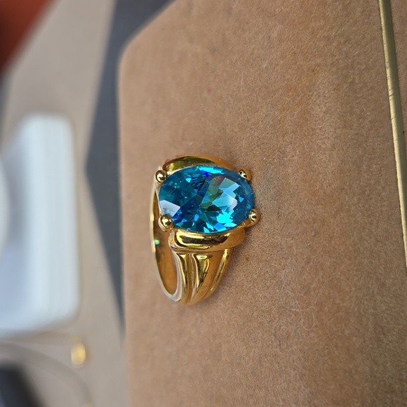 Blue Topaz Sterling Silver 925 ring gold plated outside size 9 unseix ring - Picture 1 of 17